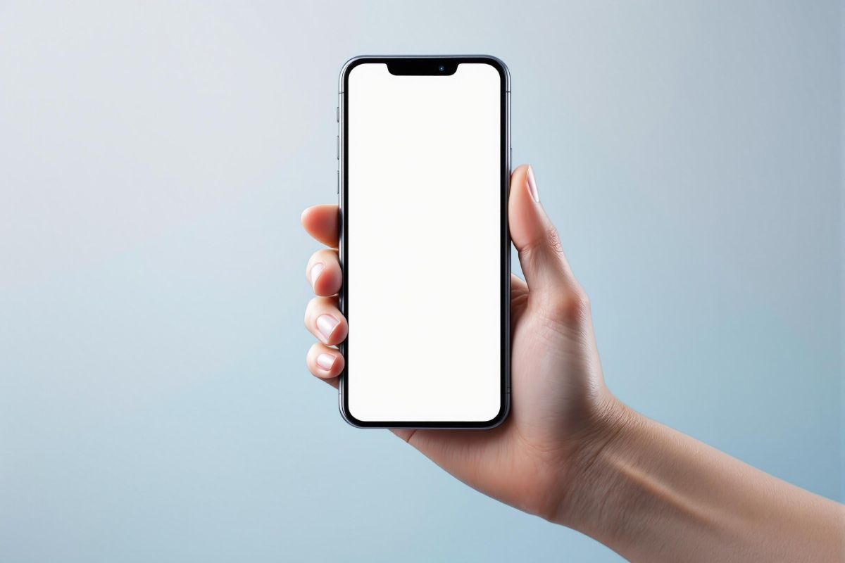 Hand holding an iPhone mockup