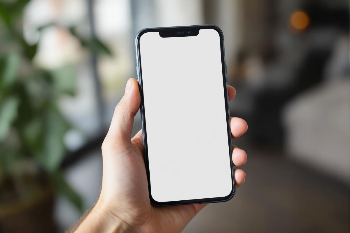 Hand holding an iPhone in an office mockup