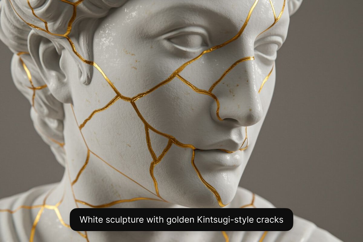 White sculpture with golden Kintsugi-style cracks