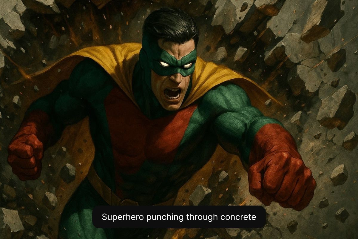 Superhero punching through concrete