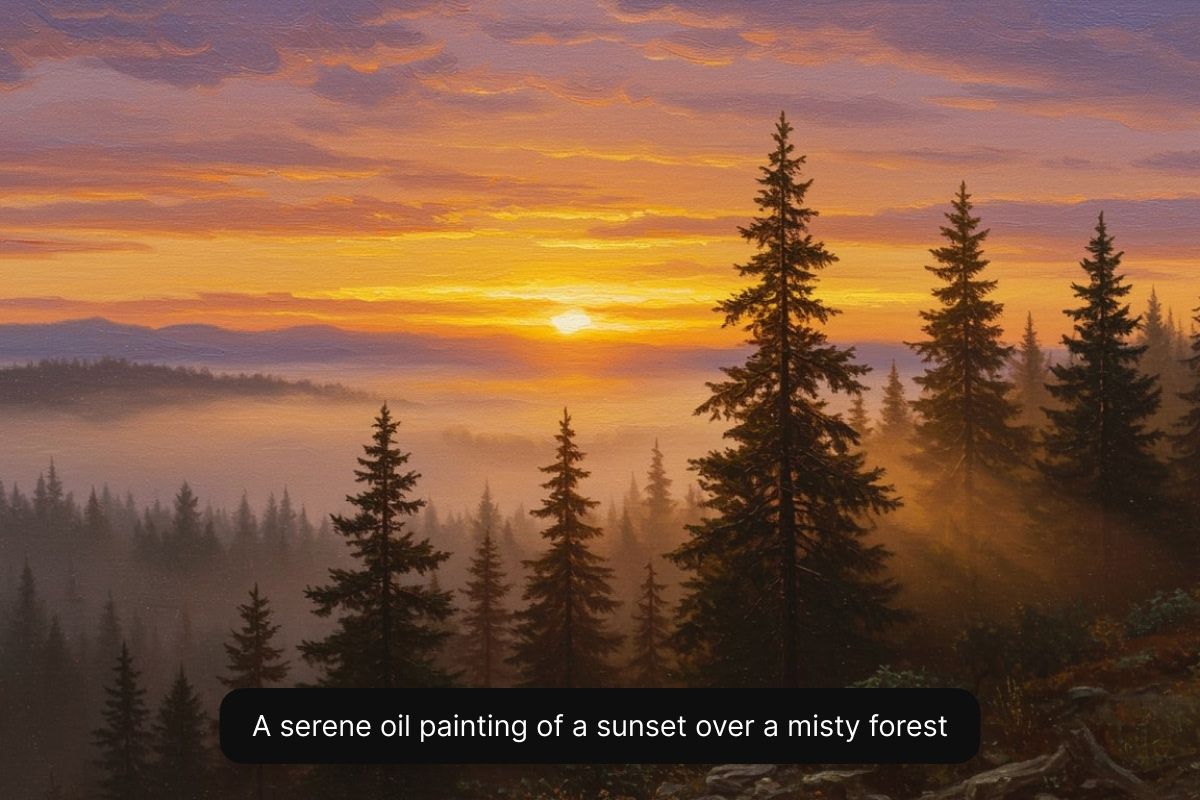 A serene oil painting of a sunset over a misty forest
