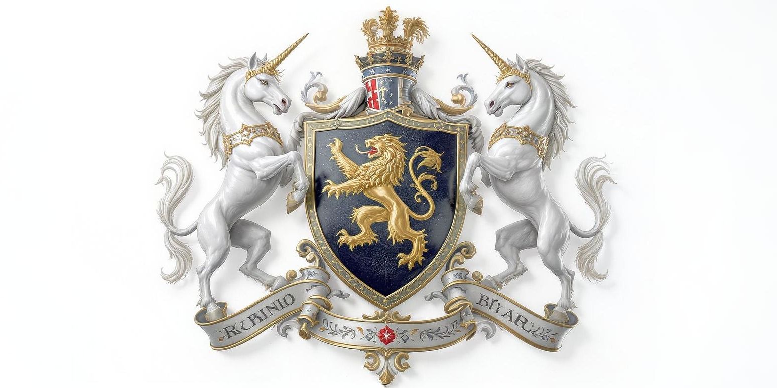 A coat of arm with 2 unicorns on each side and and griffin on a shield
