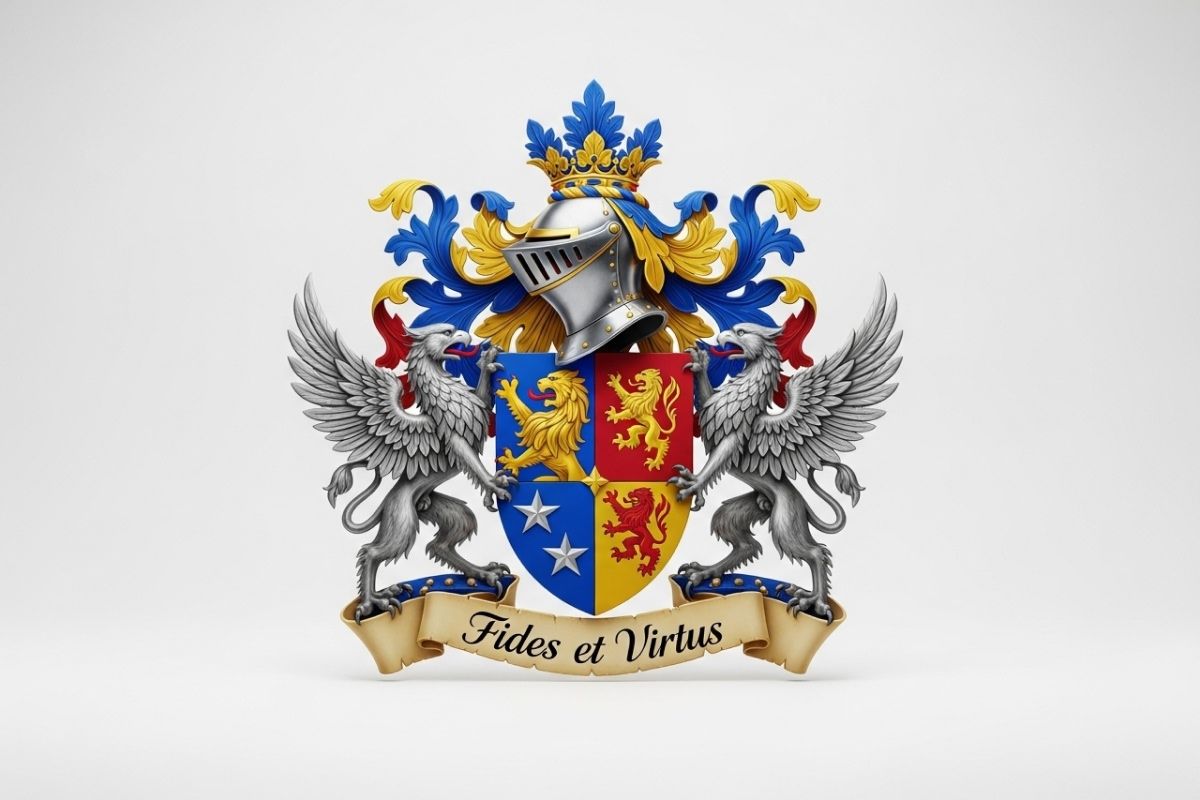 A coat of arms with a two griffins on each side and shield with a knight helmet on top with a white background