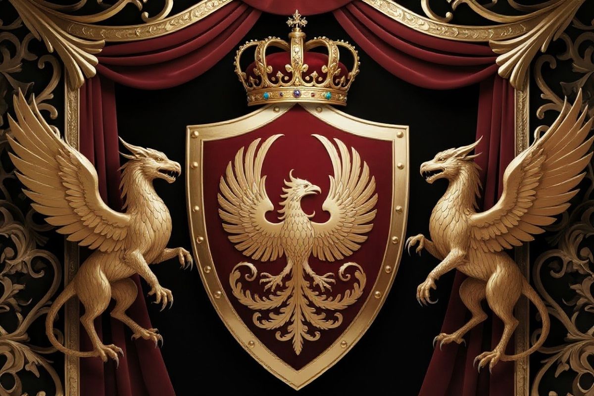 A coat of arms with 2 griffins on each side and a phoenix on the shield