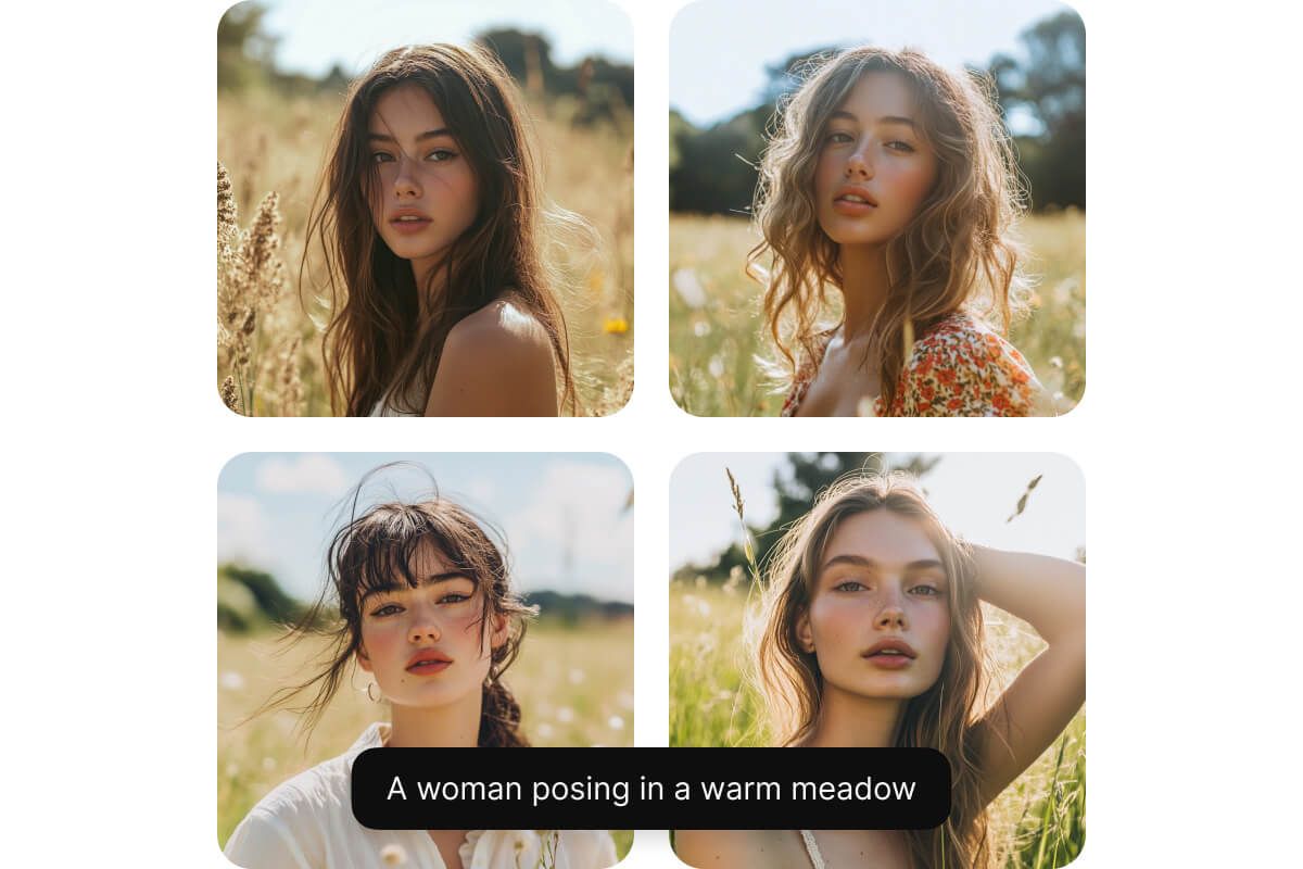 Grid of 4 images of women posing in a meadow