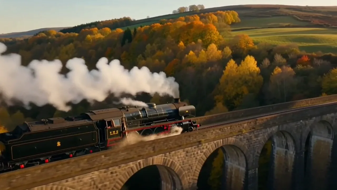 A black steam locomotive crossing a stone viaduct through autumn hills at golden hour, made with MiniMax H3 Max