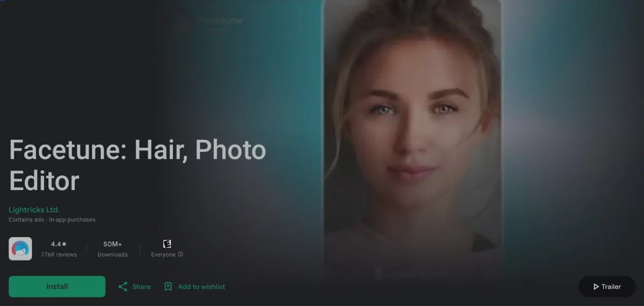 Screenshot of Facetunes's Android app in the Google Play store