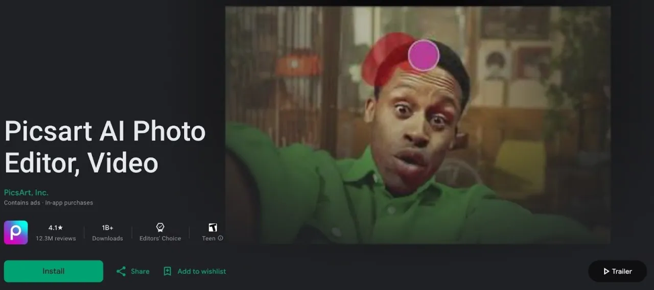 Screenshot of Picsart's Android app in the Google Play store