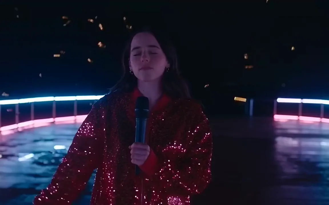 AI generated video of a singer in a sequinned red jacket on a neon pier as gold confetti falls