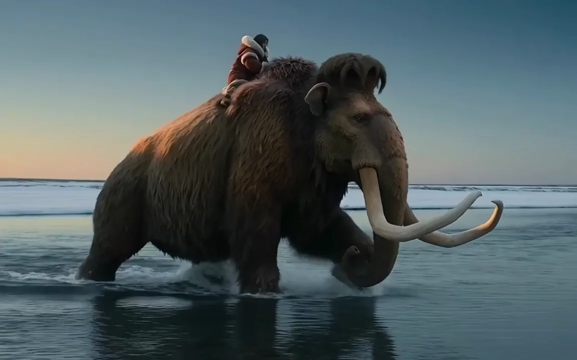 FLUX 3 video of a rider in red furs on a woolly mammoth wading an icy river at dawn