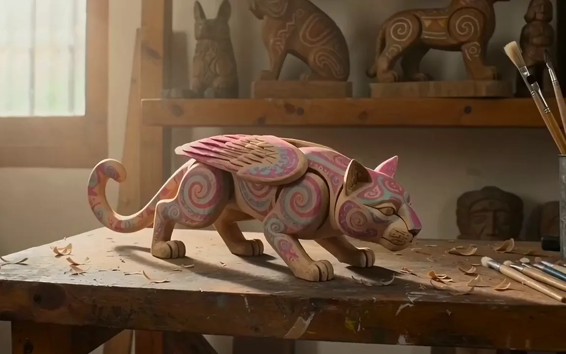 FLUX 3 video of a painted wooden alebrije with pink swirls coming alive on a workbench and spreading its wings