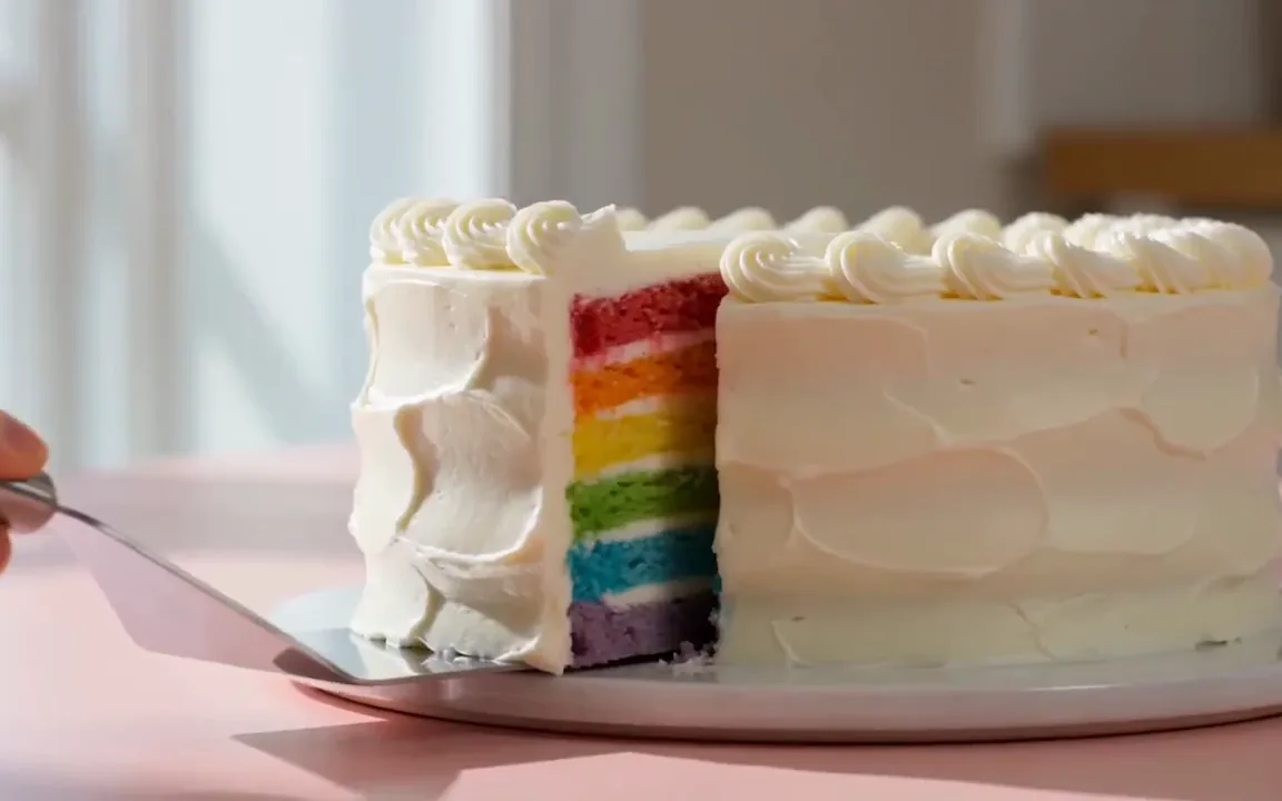 A cake server lifting a slice from a frosted cake to show bright rainbow layers on a pink counter