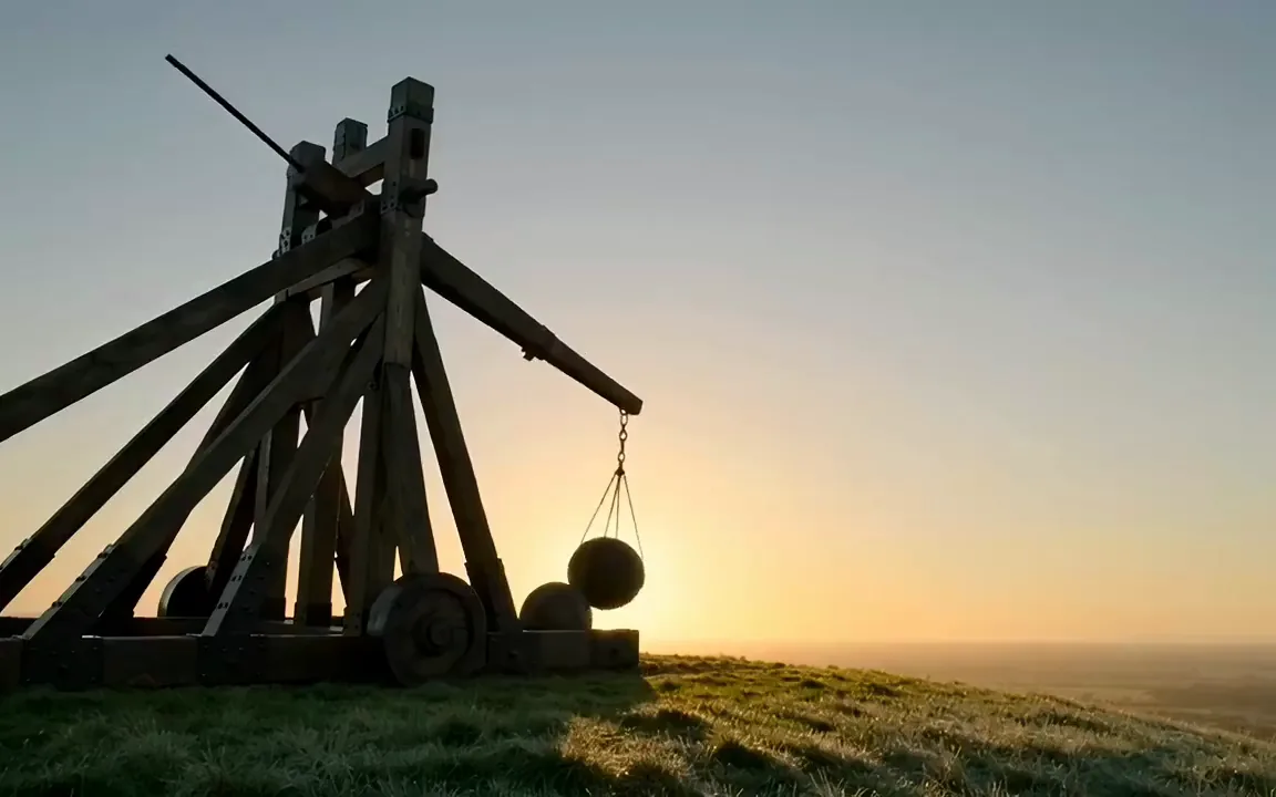 A wooden trebuchet silhouetted at sunrise swinging its arm and slinging a stone into the sky