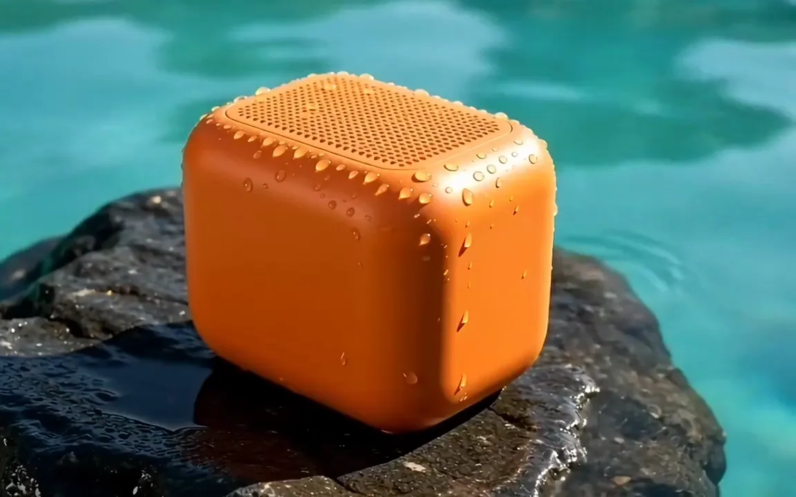 Grok Imagine video of pool water splashing over a tangerine waterproof boombox on a wet rock
