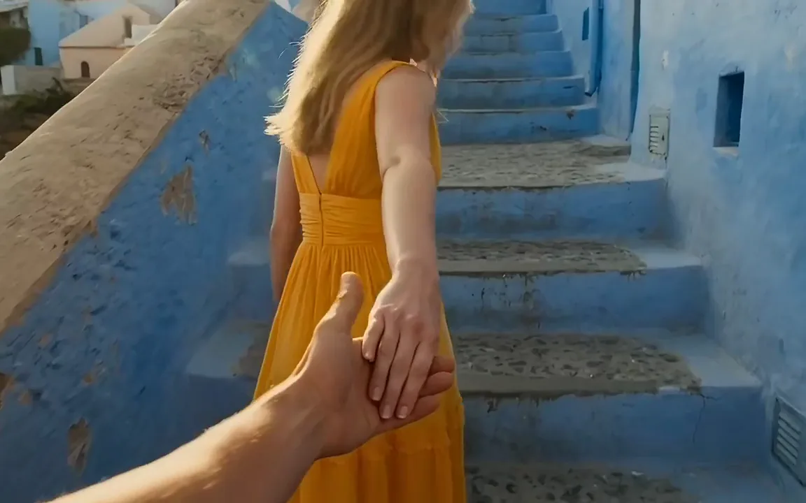 Grok Imagine video of a woman in a marigold dress leading the camera up blue painted steps