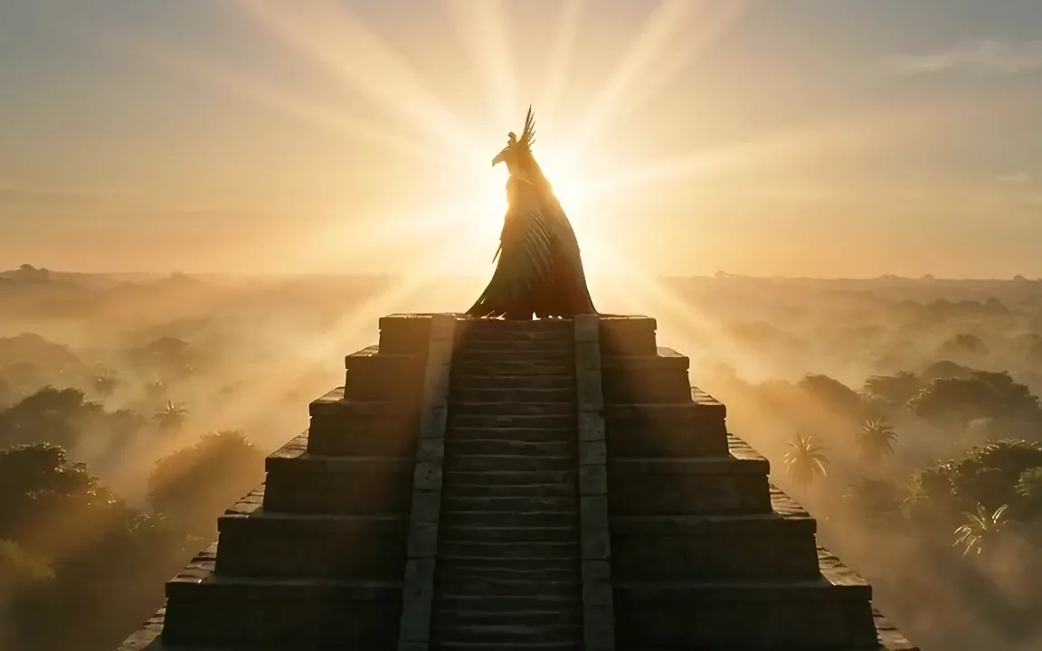 Grok Imagine video of an eagle warrior opening a red and green feathered cloak like wings on a jungle pyramid