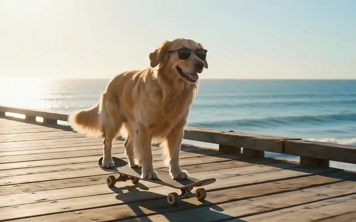 Hailuo AI video of a golden retriever in sunglasses on a skateboard by the sea