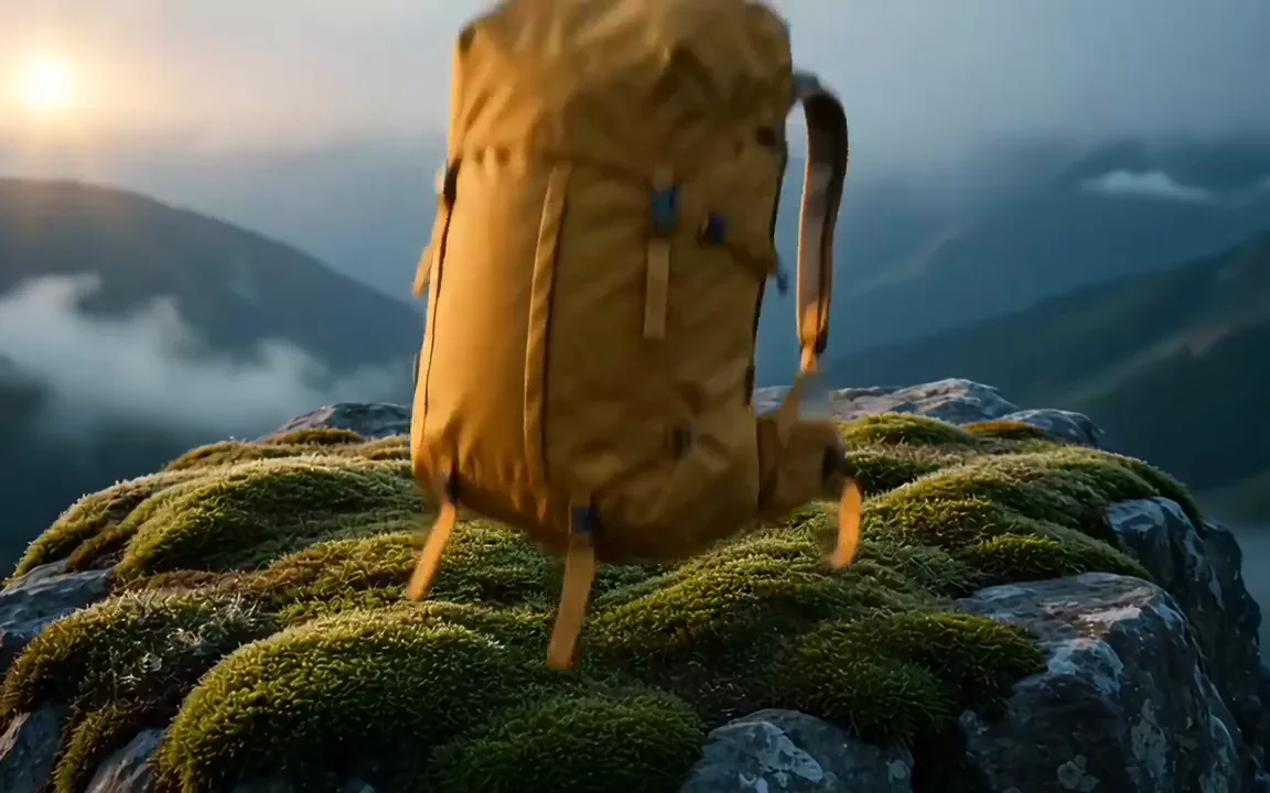 Hailuo AI video of a yellow hiking backpack on a mossy rock above the clouds at sunrise