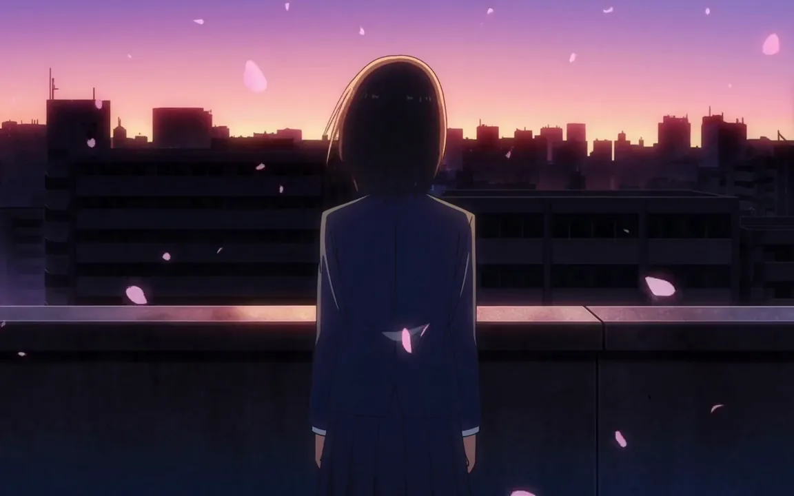 Hailuo AI video of an anime girl on a rooftop at dusk as petals drift and city lights come on