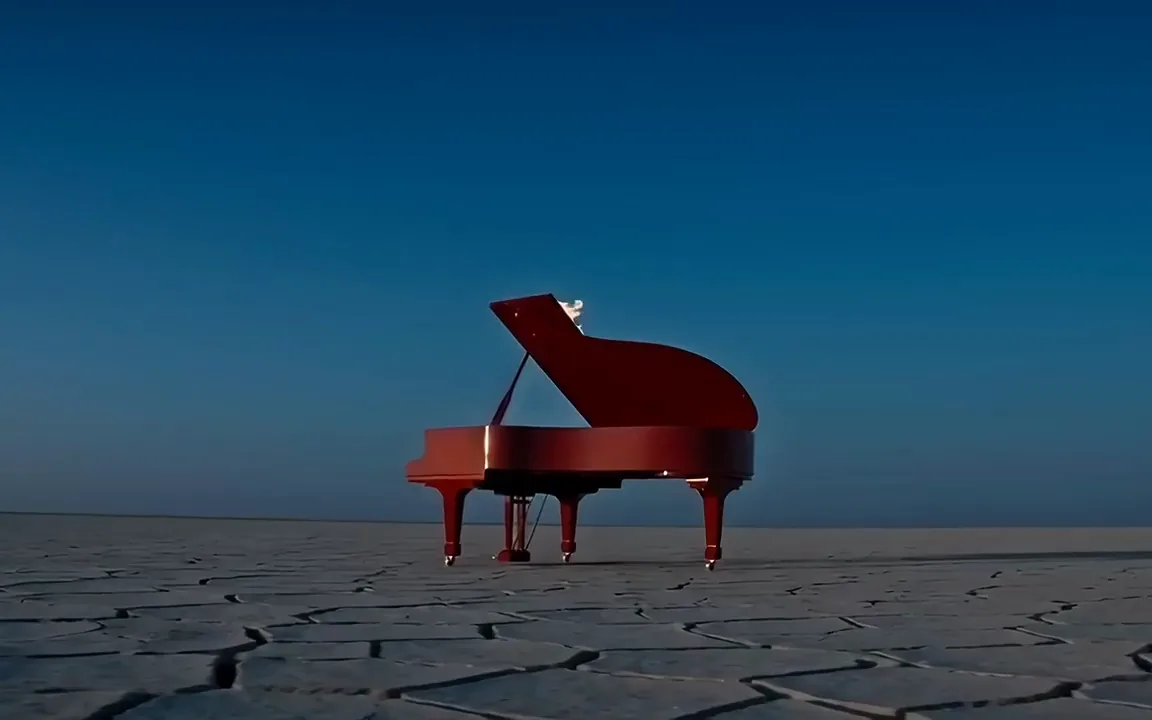 Kling 3.0 video of a red grand piano with flames rising from its lid on a desert at dusk
