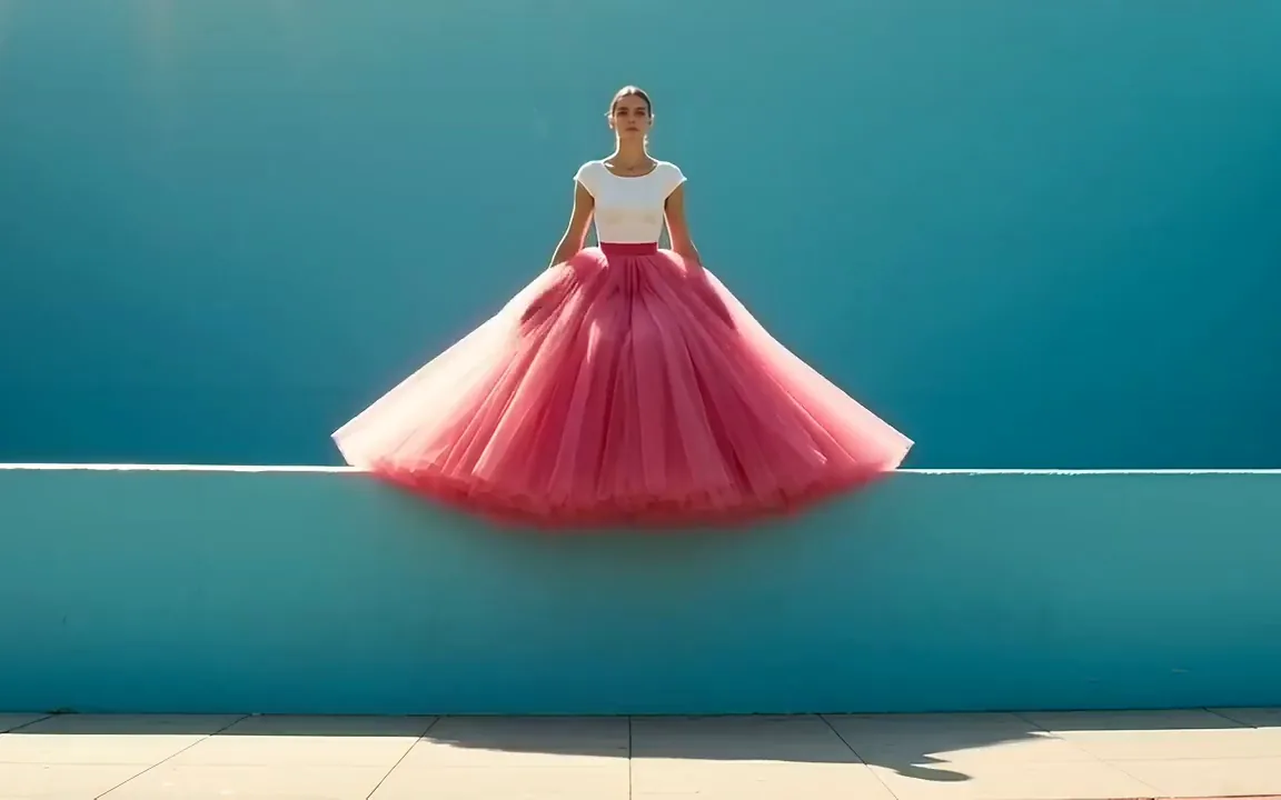 A model in a hot pink tulle skirt jumping in front of a teal wall as the tulle billows out