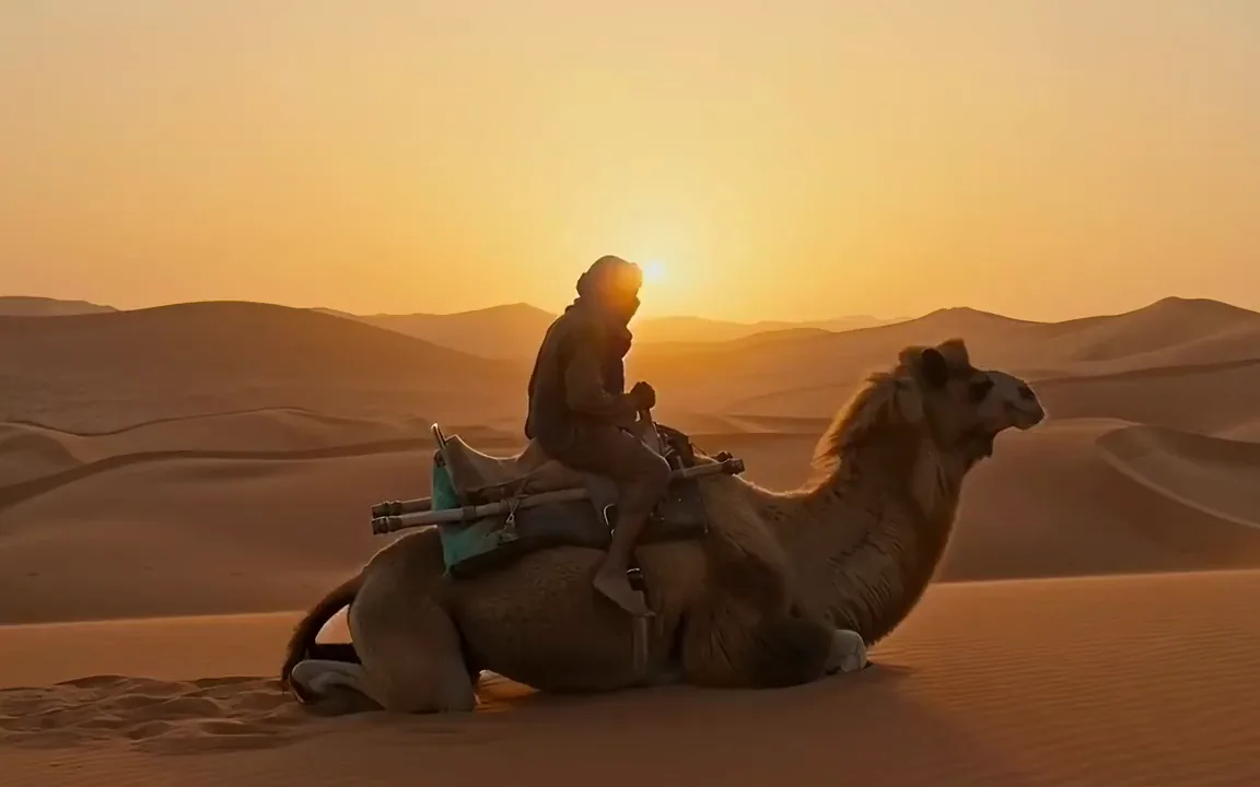 Kling 3.0 video of a camel rising to its feet with a rider in a golden desert