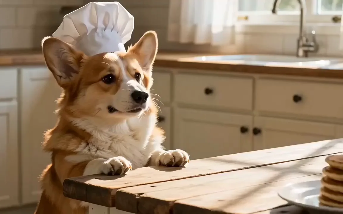 Kling AI video of a corgi in a chef hat with its paws on the counter, tilting its head at a stack of pancakes