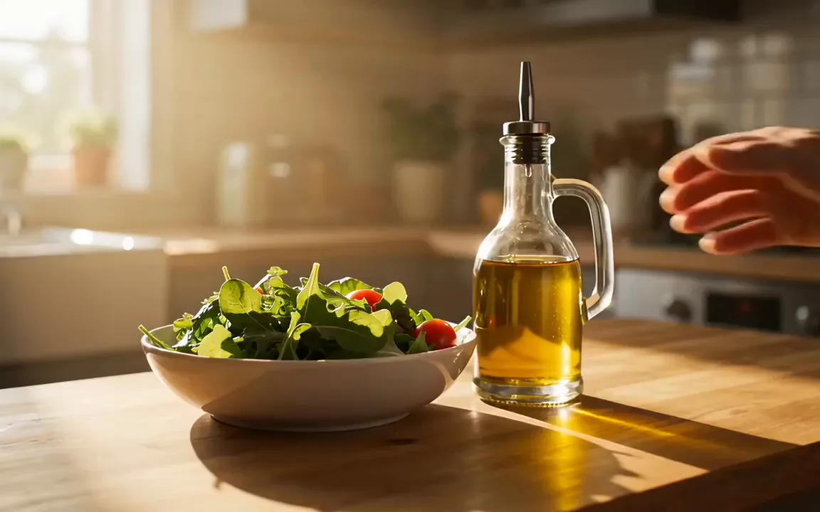 Kling AI video of a hand pouring a thin stream of olive oil over a green salad