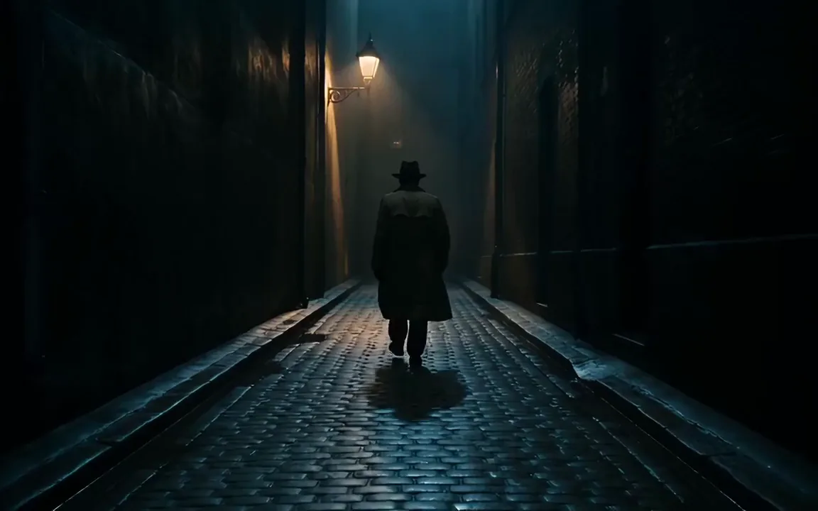 Kling AI video of a detective in a trench coat walking into a dark alley under a single streetlamp