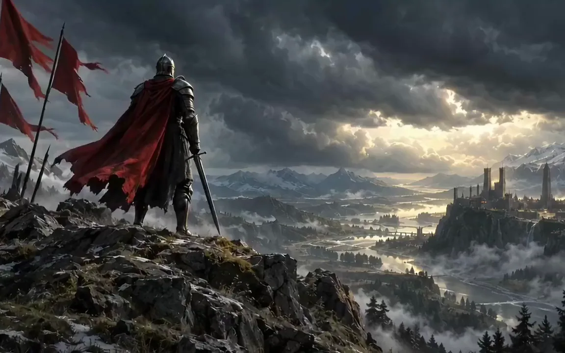 LTX-2 video of a painted knight turning toward a storm as banners whip in the wind
