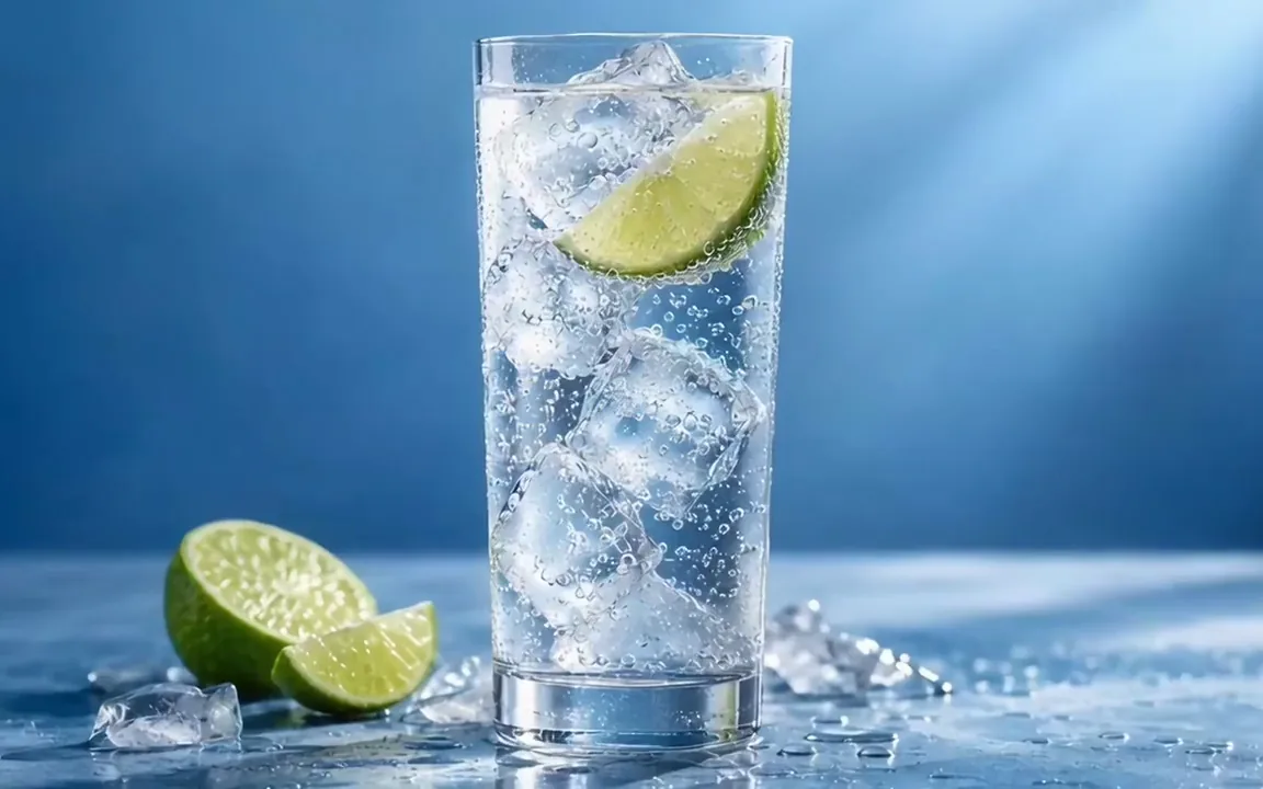 LTX-2 video of ice cubes dropping into a glass of sparkling water as bubbles rise