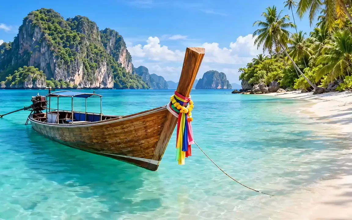 LTX-2 video of a longtail boat rocking on turquoise water beside a quiet beach