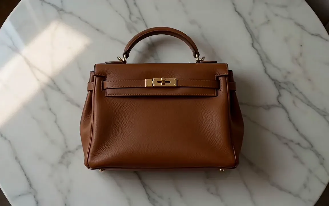Luma Dream Machine video of a tan leather handbag on white marble as window light sweeps across it
