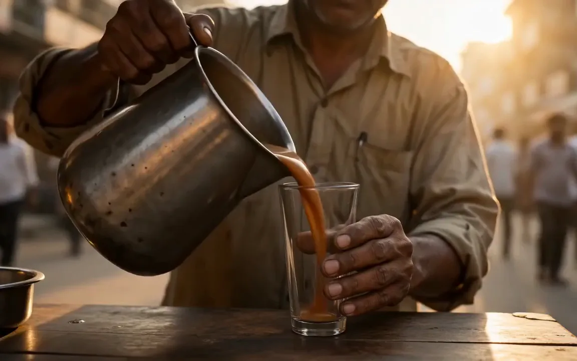 Luma Dream Machine video of a chai seller pouring tea from a steel pot into one small glass at a street stall