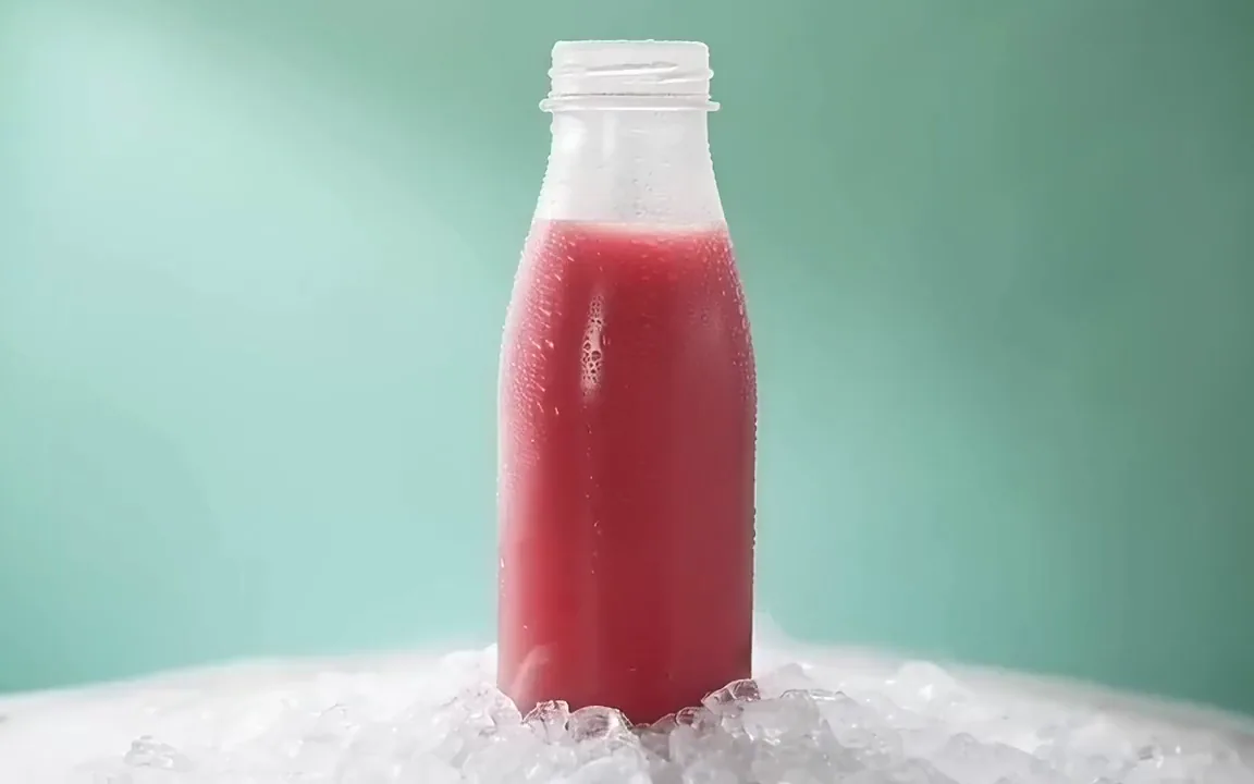 MiniMax H3 video of a frosted bottle of pink watermelon juice on crushed ice against a mint wall
