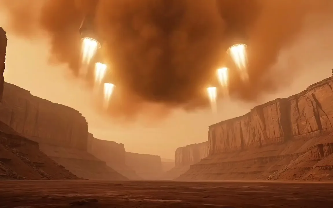 MiniMax H3 video of a cargo spaceship with glowing thrusters landing in a red alien canyon