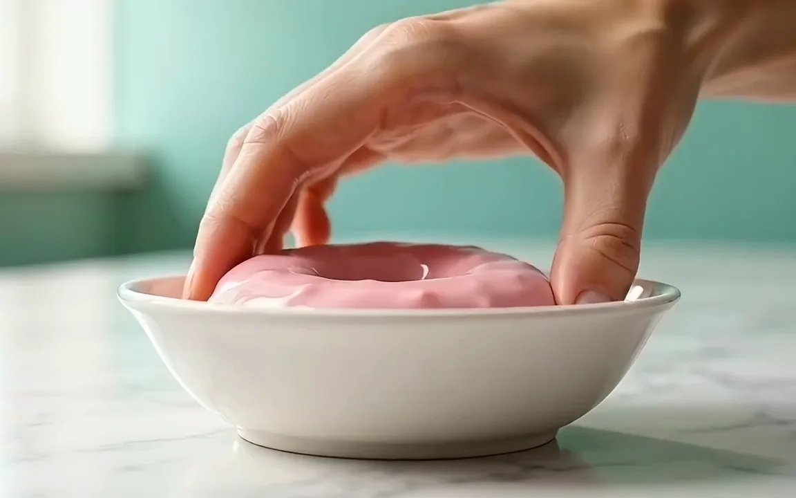 A hand lifting a doughnut out of a bowl of glossy pink glaze against a mint wall