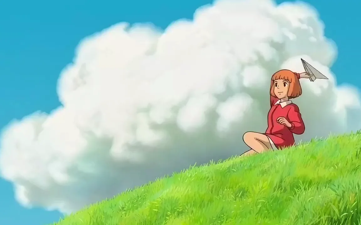 A hand drawn anime woman in a red jacket throwing a paper plane toward a summer cloud
