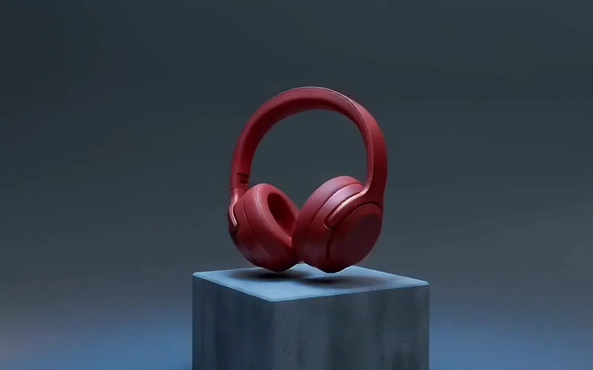 Runway Gen-4.5 video of red wireless headphones on a plinth as the light warms from blue to gold
