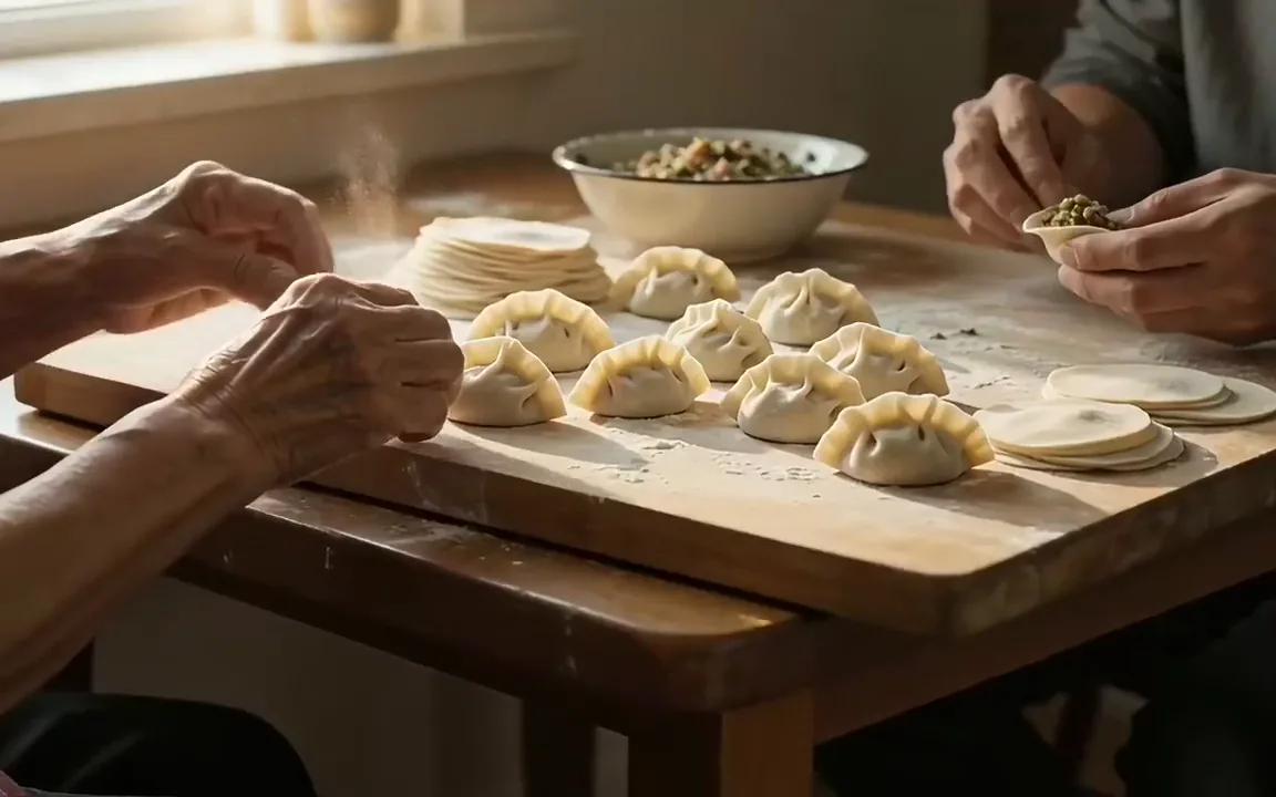 Runway Gen-4.5 video of a grandmother and grandson folding dumplings on a floury wooden board