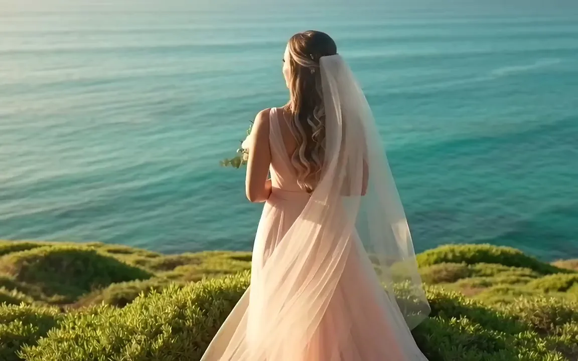 Runway Gen-4 Turbo video of a bride on a green sea cliff as the wind lifts her veil