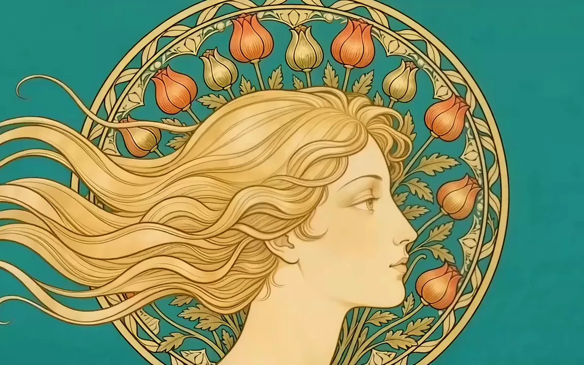 Runway Gen-4 Turbo video of an Art Nouveau poster as golden hair drifts and red poppies open