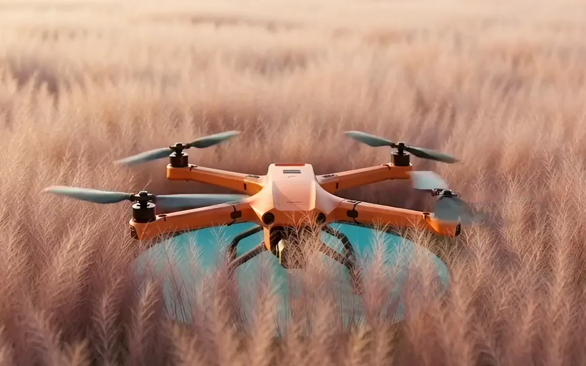 Seedance 2.0 video of an orange drone with six rotors lifting off a teal pad in a field of pink grass