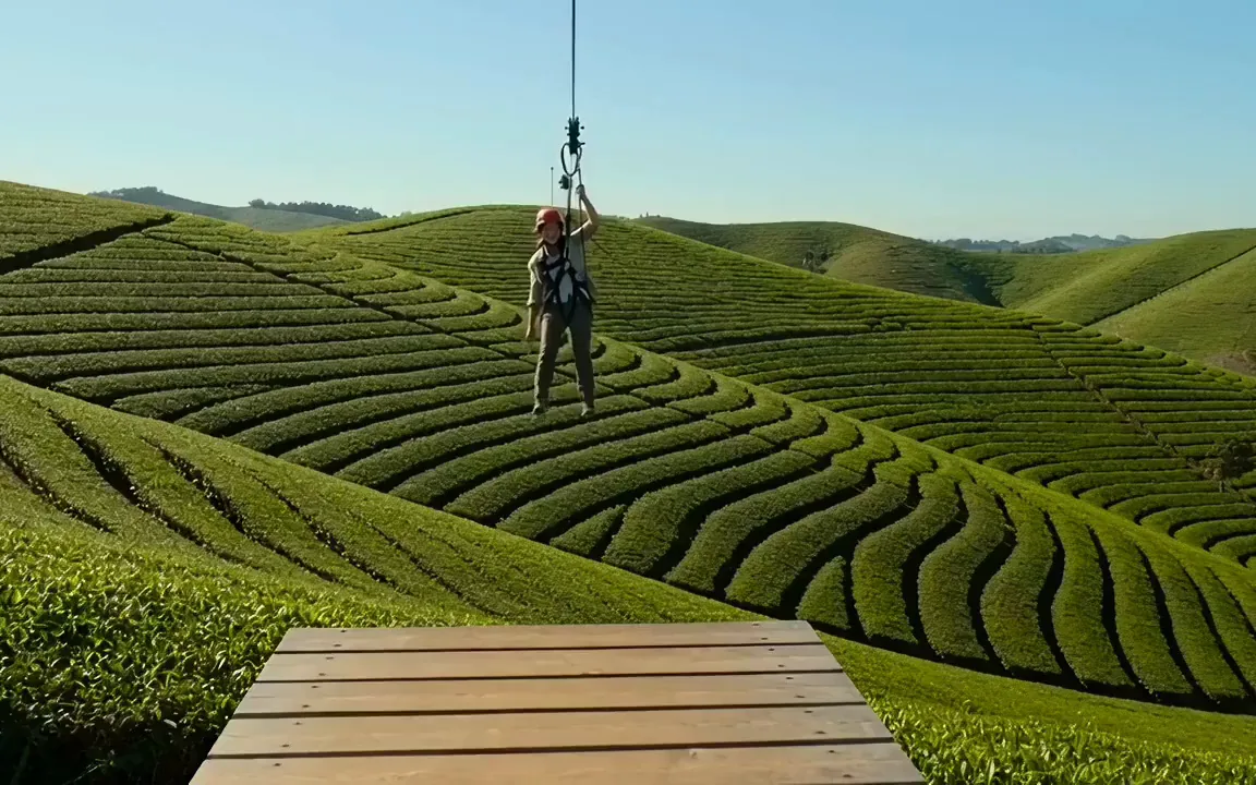 Seedance 2.0 video of a traveller in a red helmet riding a zip line over green tea hills onto a wooden platform