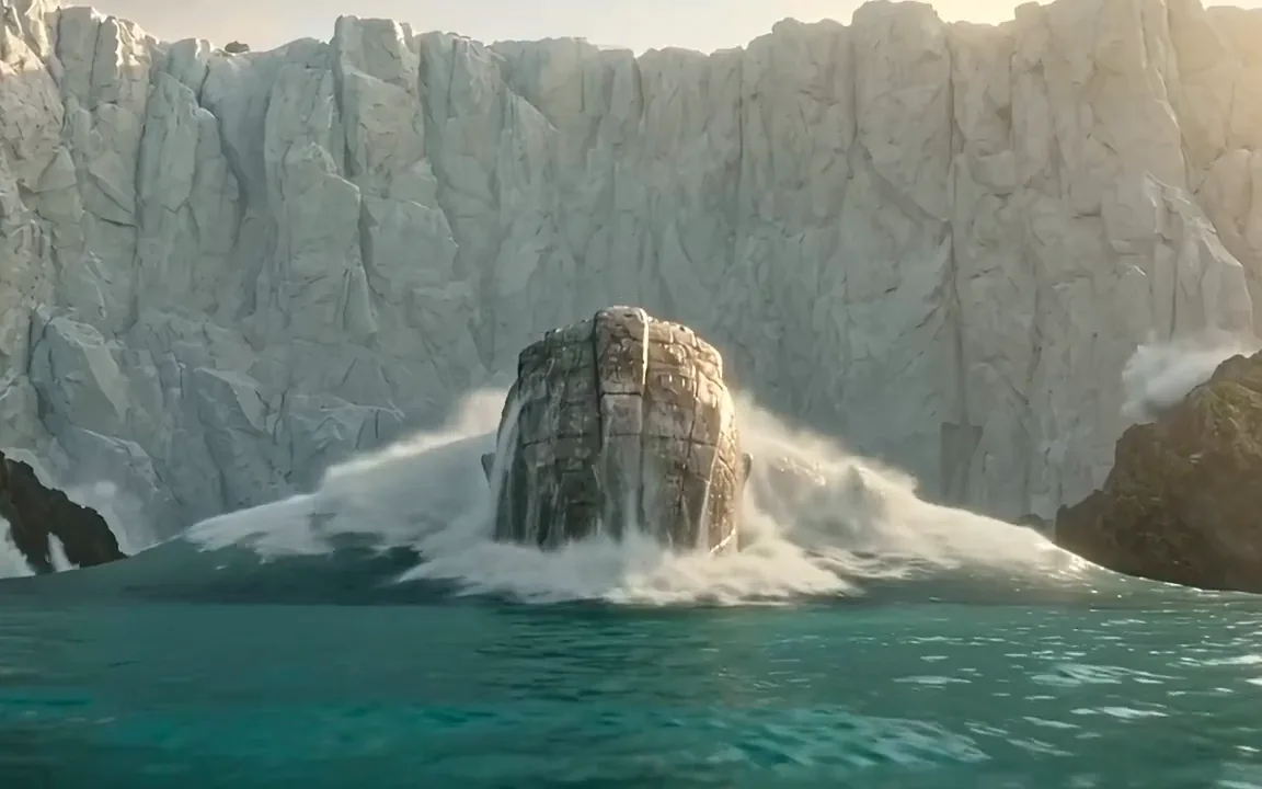 Seedance 2.0 video of a stone titan rising from a turquoise sea below white cliffs as water pours off it