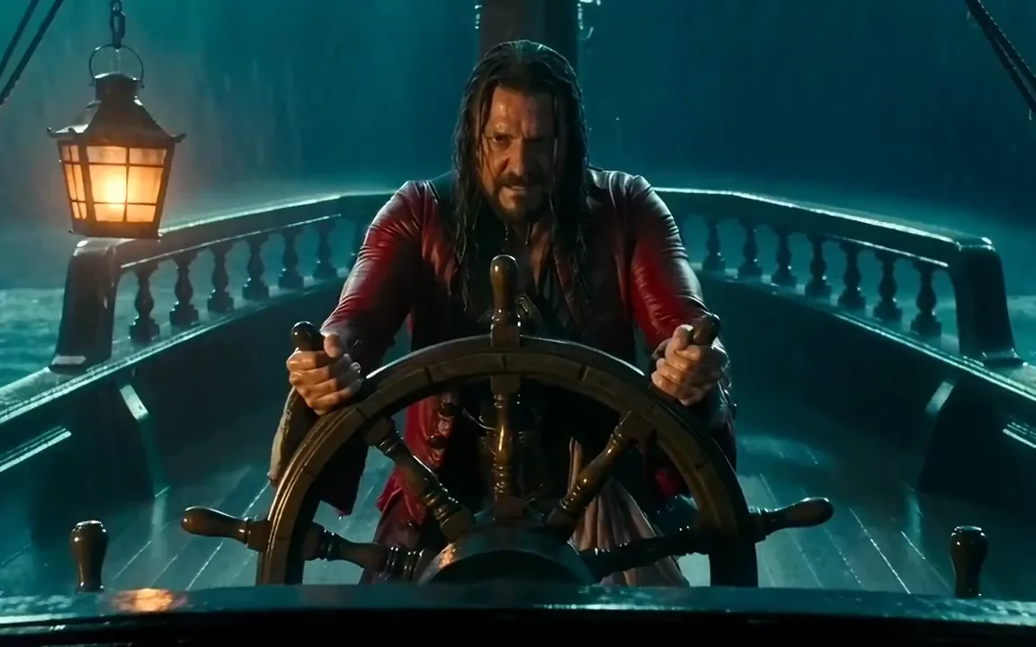 Seedance video of a pirate captain gripping the ship's wheel as a wave sprays over the rail