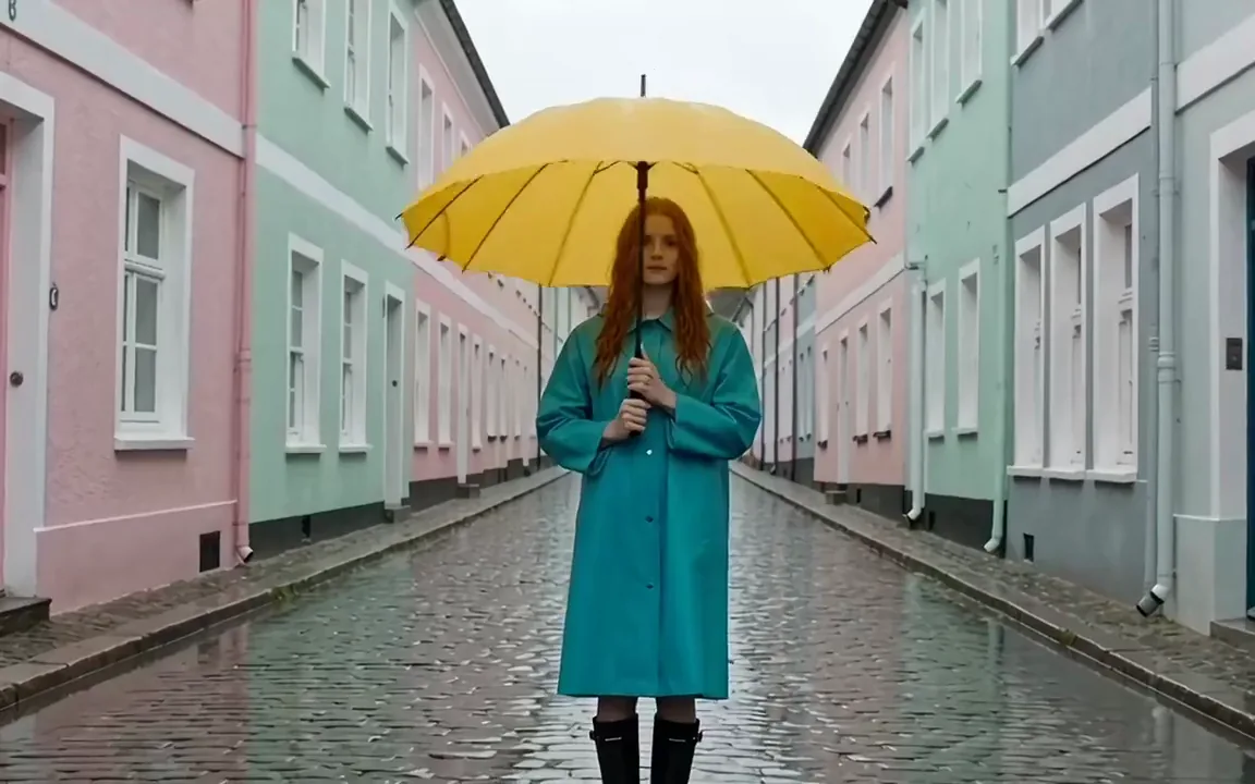Seedance video of a woman in a teal raincoat turning a yellow umbrella overhead on a pastel street in the rain