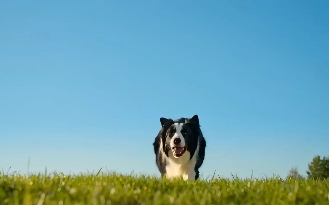 AI generated video of a border collie leaping to catch an orange frisbee on a sunny lawn