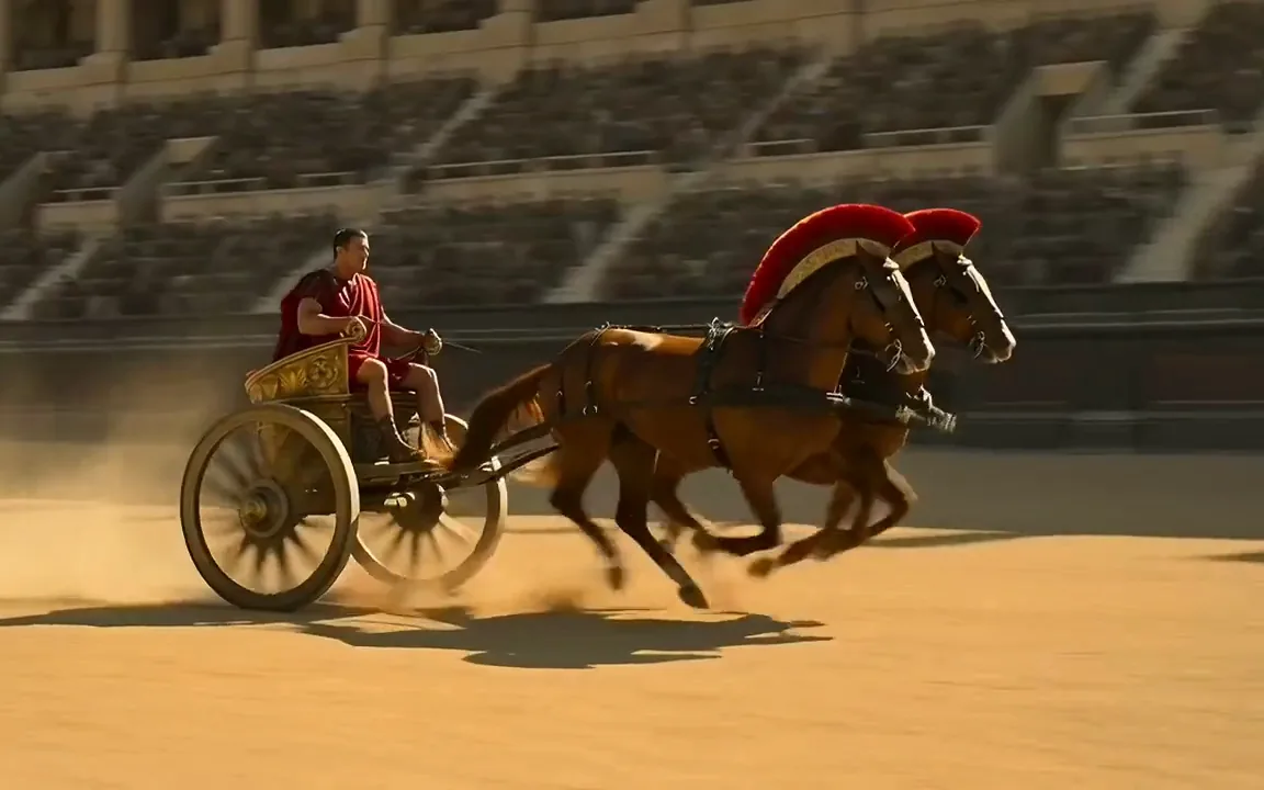 AI video of a Roman chariot pulled by two galloping horses across a dusty arena