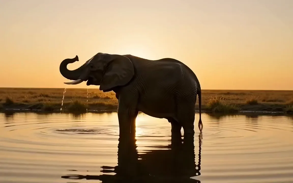 Veo 3.1 video of an elephant at a sunset watering hole spraying water from its trunk as it streams down its back